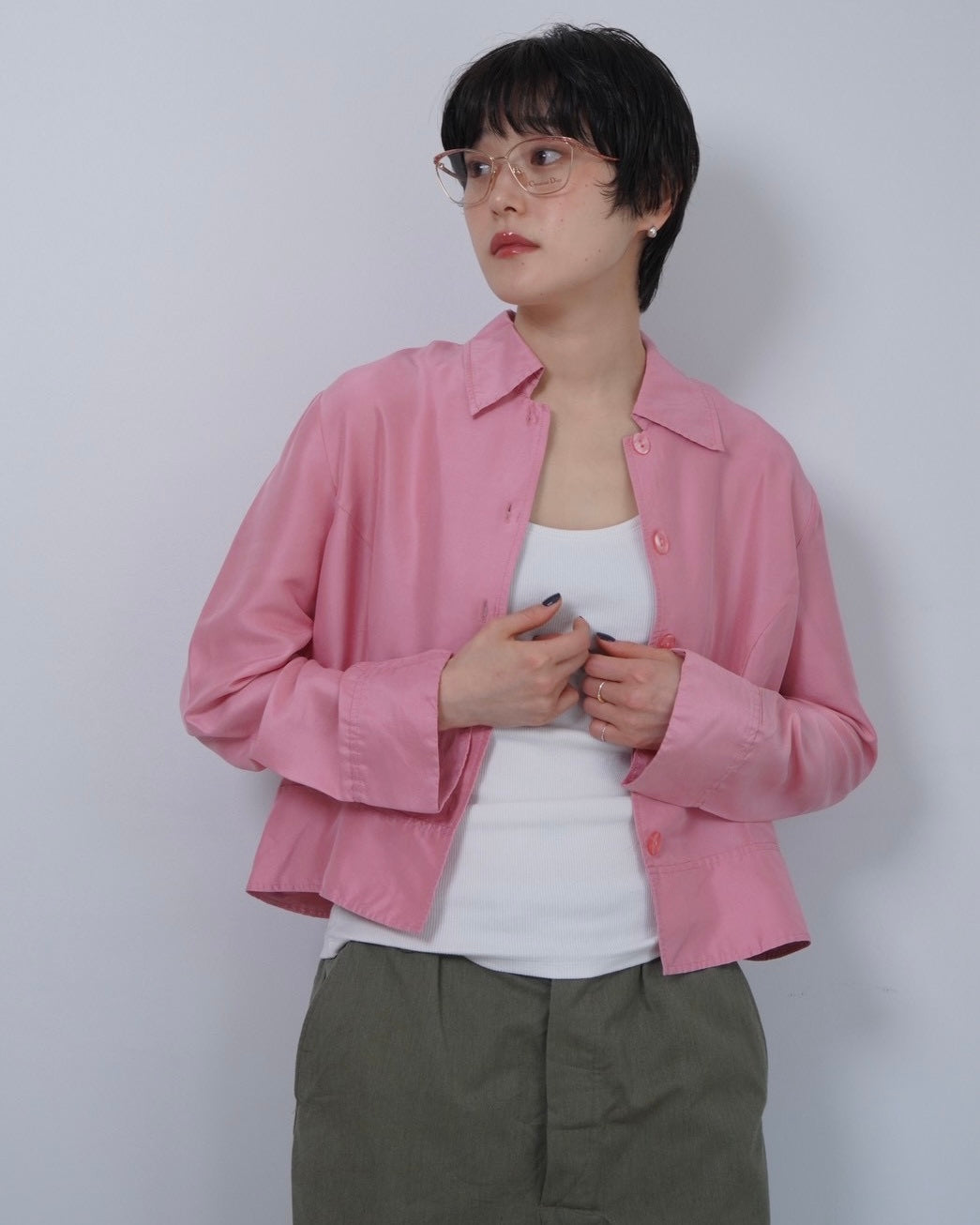 pink silk shirt