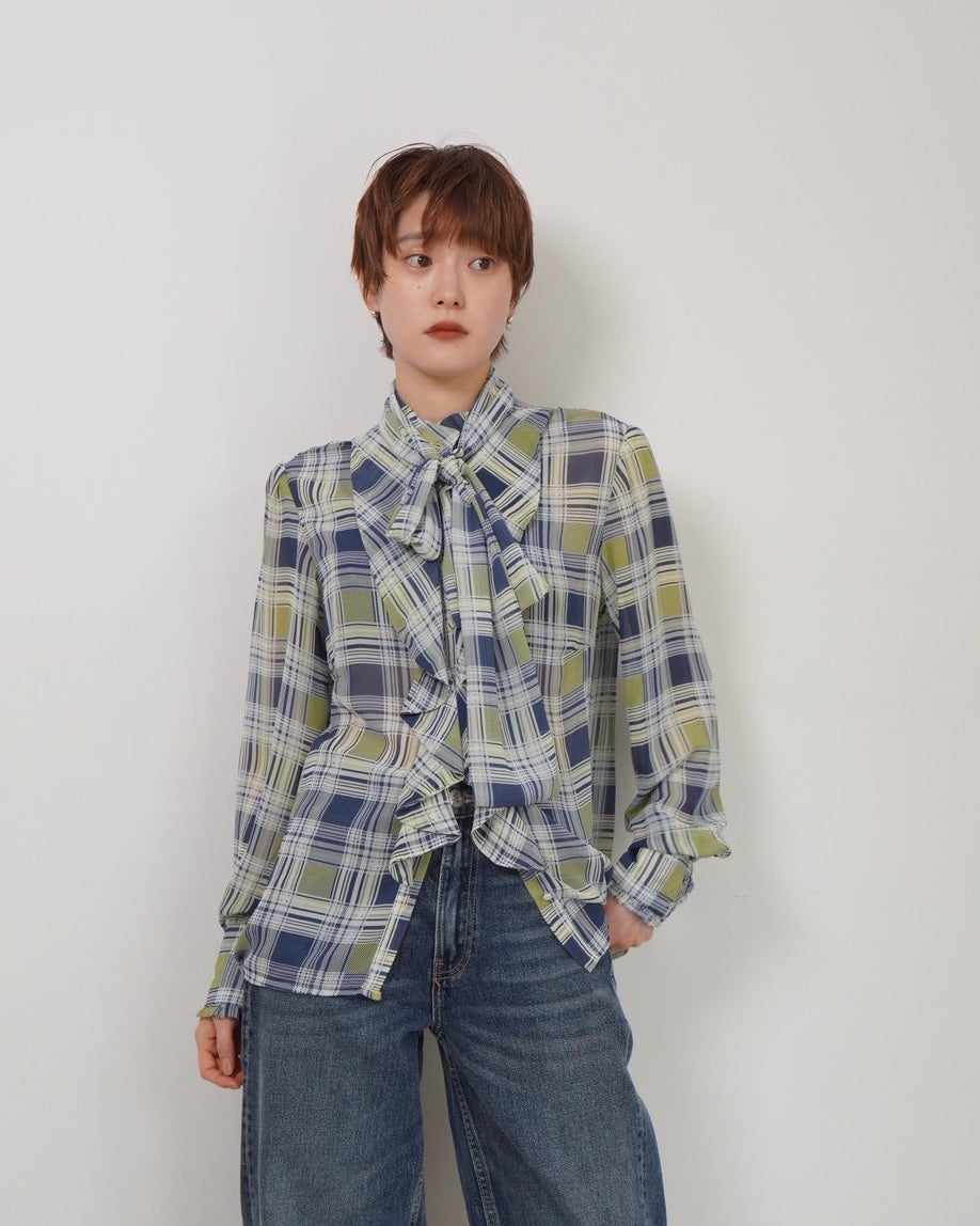 check sheer tie blouse