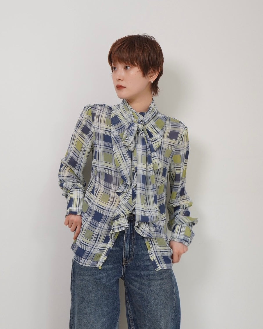 check sheer tie blouse